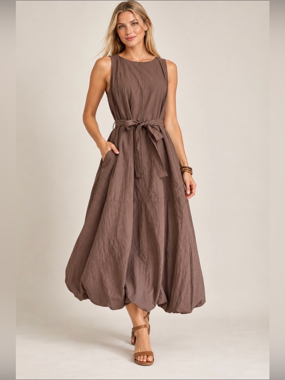PINCH NWT Coco-Brown Sleeveless Bubble-Hem Tie-Waist Maxi Dress - Size M